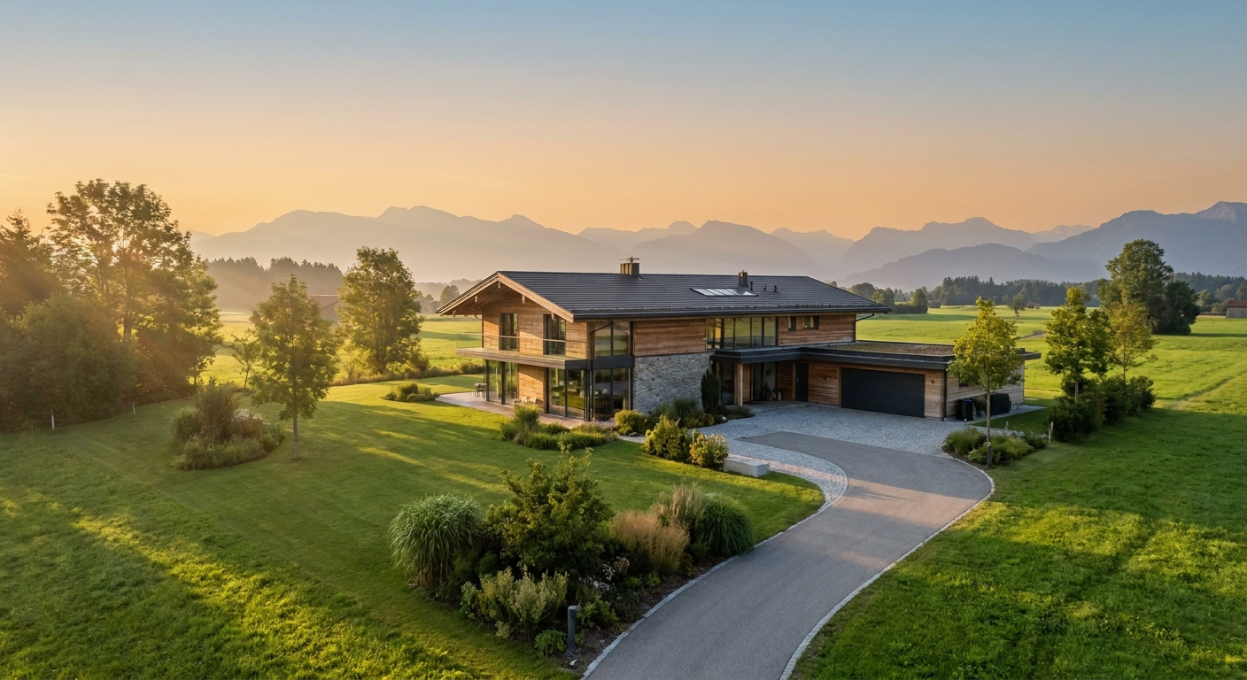 Drohnenaufnahme einer modernen Immobilie im Allgäu aus der Luft