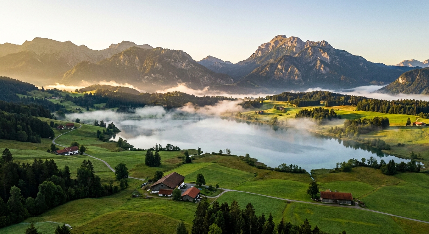 Drohnenaufnahme einer Allgäuer Landschaft mit See und Bergen bei Sonnenaufgang