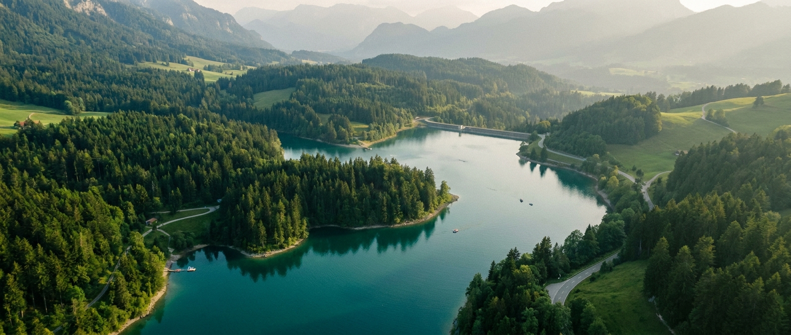 Drohnenaufnahme des Rottachspeichers im Allgäu mit türkisem Wasser und bewaldeten Ufern