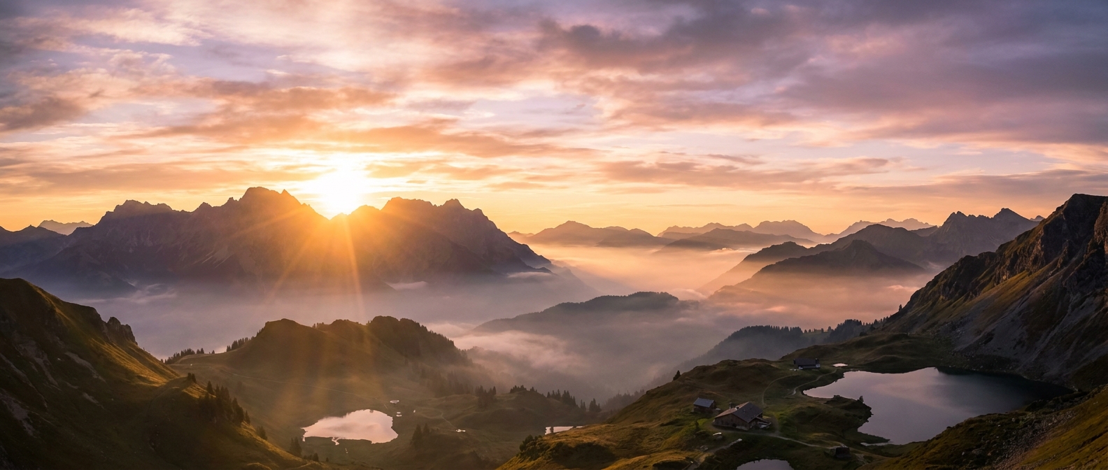 Berghorizont in den Allgäuer Alpen bei Sonnenaufgang mit warmem goldenem Licht
