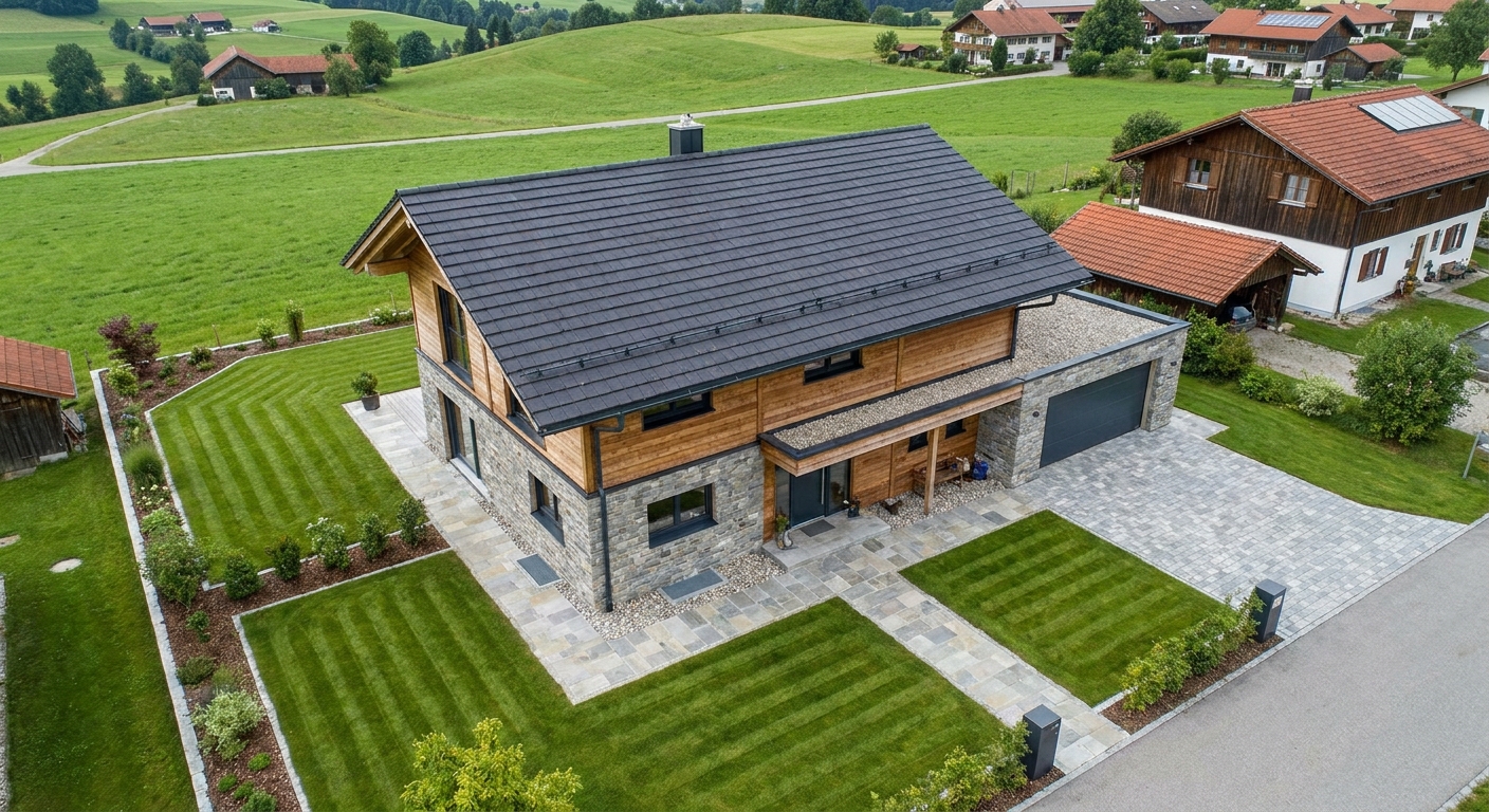Moderne Immobilie aus der Vogelperspektive mit Garten und Dachfläche im Allgäu