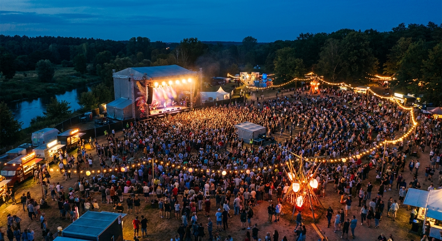 Eventfläche mit Bühne und Besuchern aus der Vogelperspektive bei einem Open-Air-Event