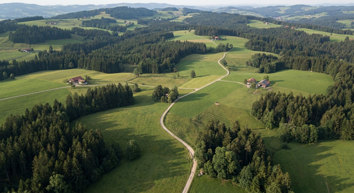 Wald- und Wiesenlandschaft im Allgäu aus der Drohnenperspektive mit weichem Tageslicht